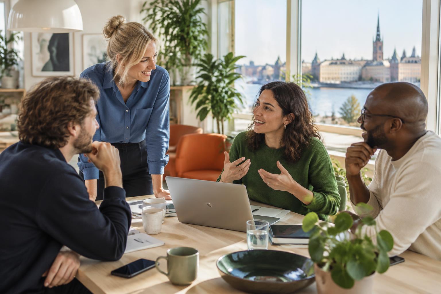 Illustrativ bild av ett team som samarbetar i en ljus arbetsmiljö